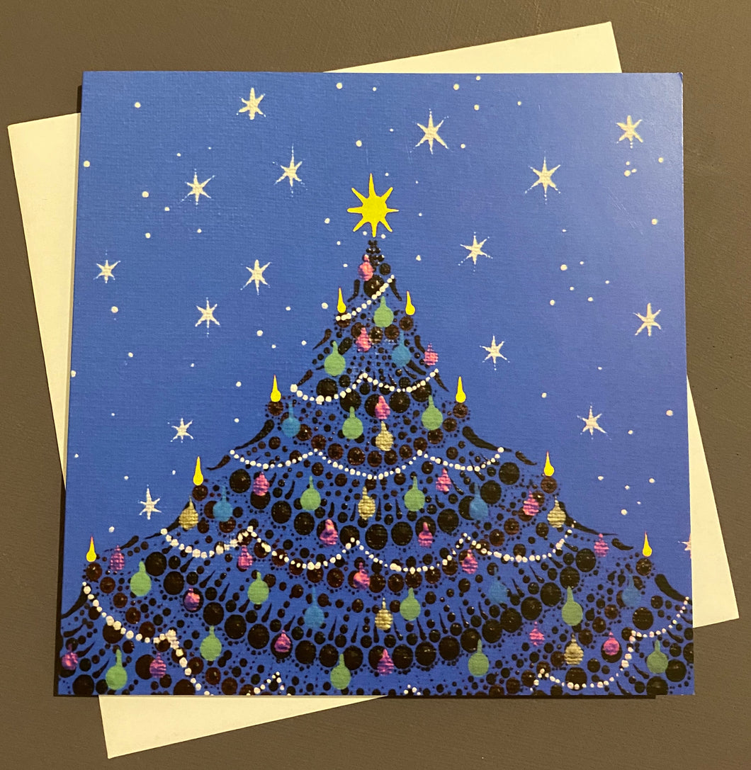 Christmas Tree on Blue Christmas Card